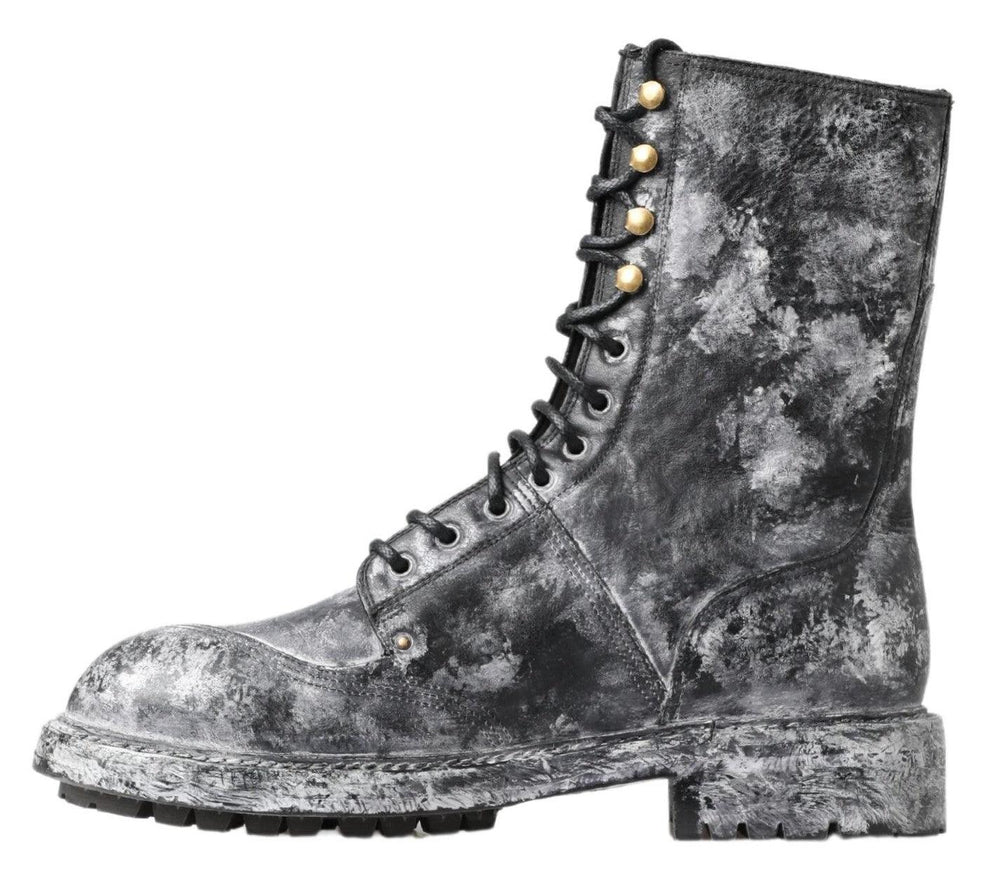 Dolce & Gabbana Black Gray Leather Mid Calf Boots Shoes - Ellie Belle