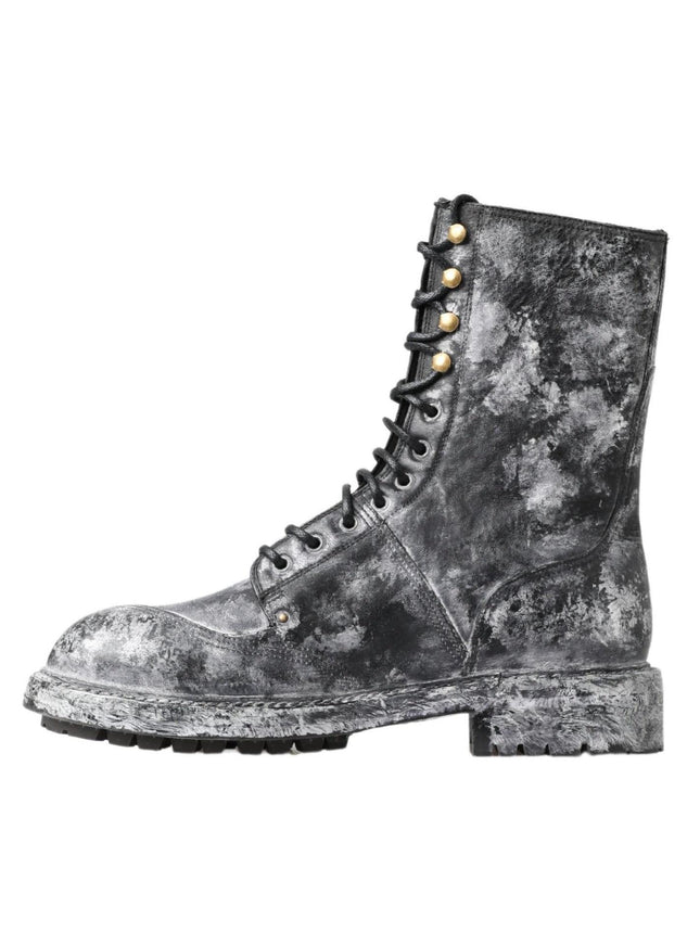 Dolce & Gabbana Black Gray Leather Mid Calf Boots Shoes - Ellie Belle