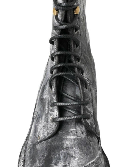 Dolce & Gabbana Black Gray Leather Mid Calf Boots Shoes - Ellie Belle
