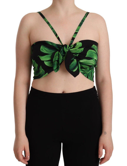 Dolce & Gabbana Black Green Leaf Silk Halter Cropped Top - Ellie Belle