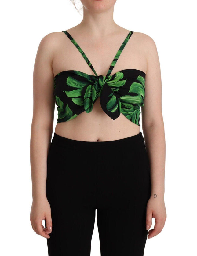 Dolce & Gabbana Black Green Leaf Silk Halter Cropped Top - Ellie Belle