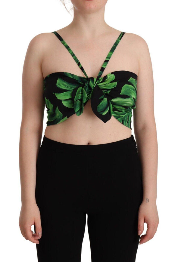 Dolce & Gabbana Black Green Leaf Silk Halter Cropped Top - Ellie Belle