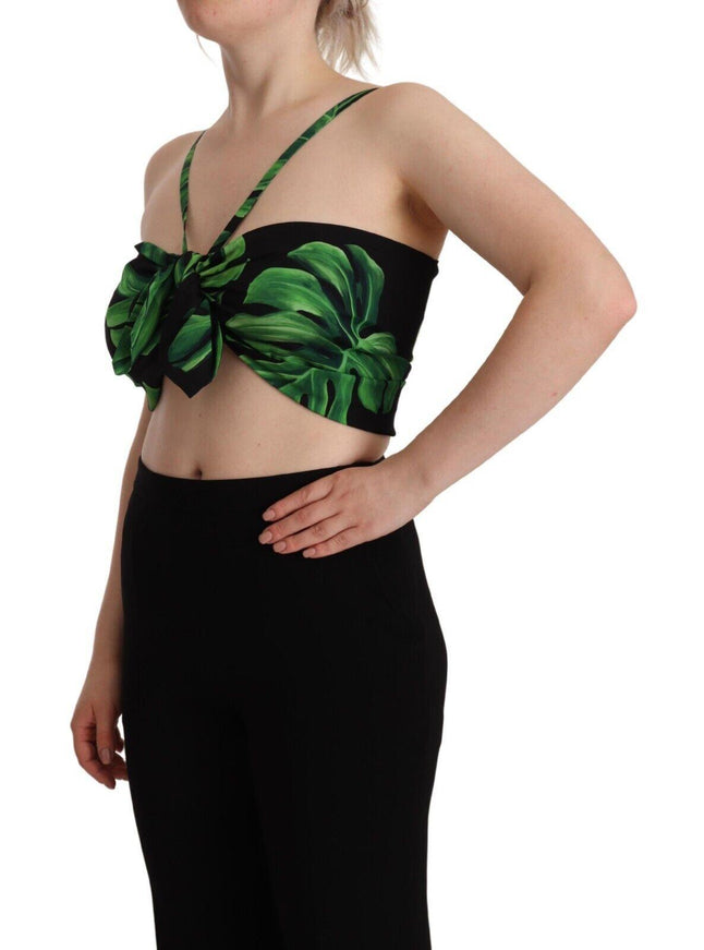 Dolce & Gabbana Black Green Leaf Silk Halter Cropped Top - Ellie Belle