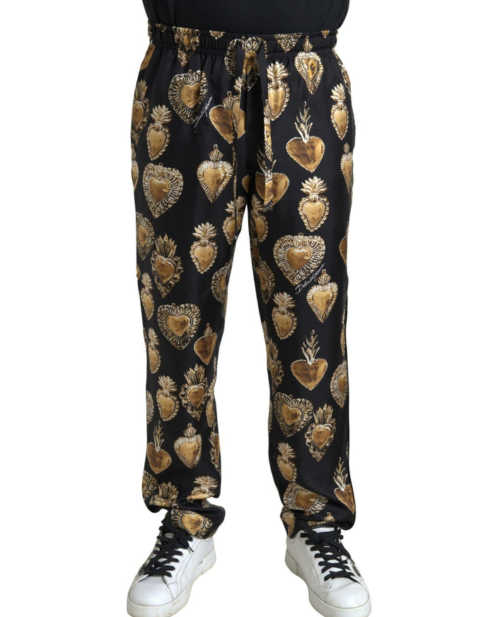 Dolce & Gabbana Black Heart Print Silk Men Jogger Pants - Ellie Belle