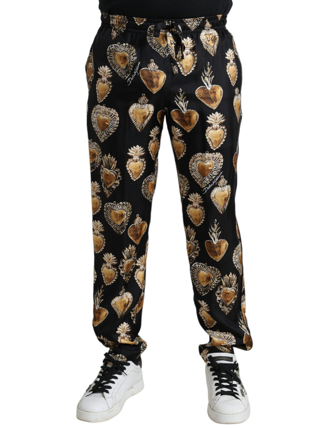 Dolce & Gabbana Black Heart Print Silk Men Pajama Pants - Ellie Belle