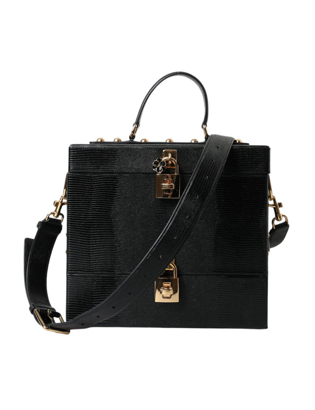 Dolce & Gabbana Black Iguana Leather Lock Box Shoulder Hand Luggage Bag - Ellie Belle
