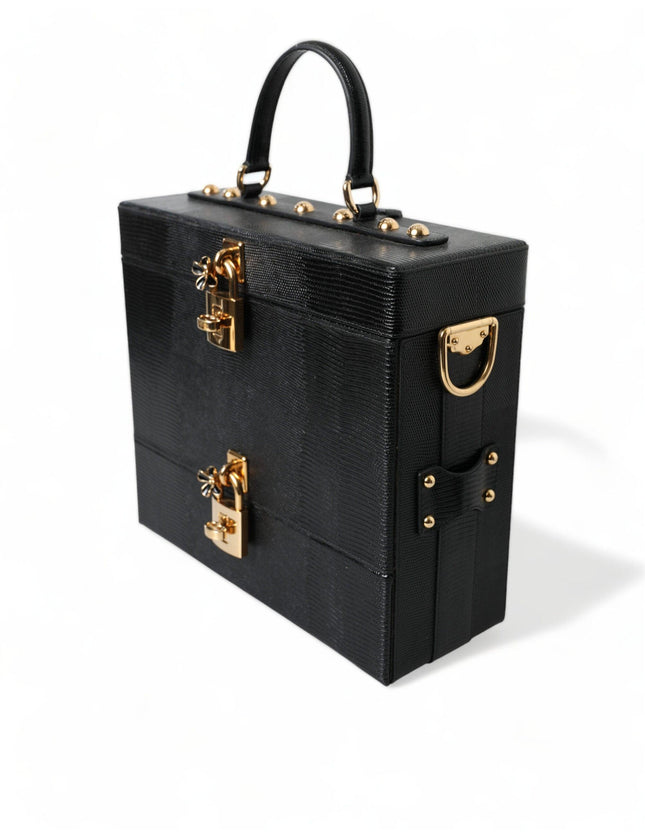 Dolce & Gabbana Black Iguana Leather Lock Box Shoulder Hand Luggage Bag - Ellie Belle
