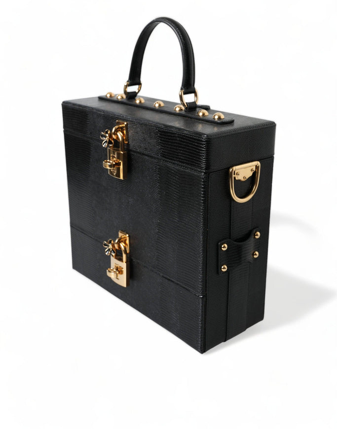 Dolce & Gabbana Black Iguana Leather Lock Box Shoulder Hand Luggage Bag - Ellie Belle