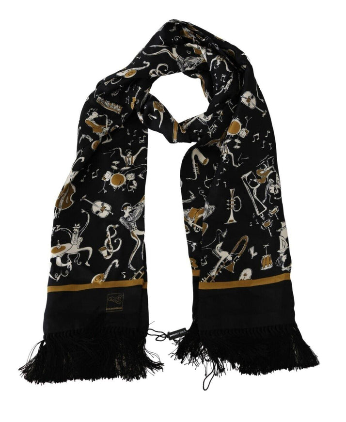 Dolce & Gabbana Black Instrument Silk Shawl Fringes Scarf - Ellie Belle