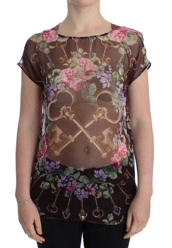 Dolce & Gabbana Black Key Floral Print Silk Blouse T-shirt