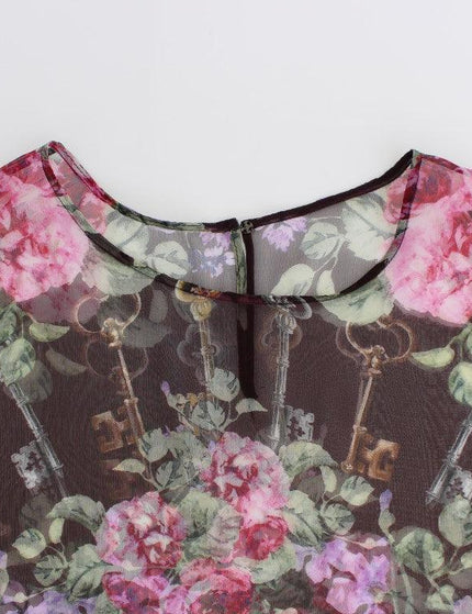 Dolce & Gabbana Black Key Floral Print Silk Blouse T-shirt - Ellie Belle