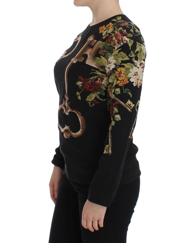 Dolce & Gabbana Black Key Floral Print Silk Blouse Top