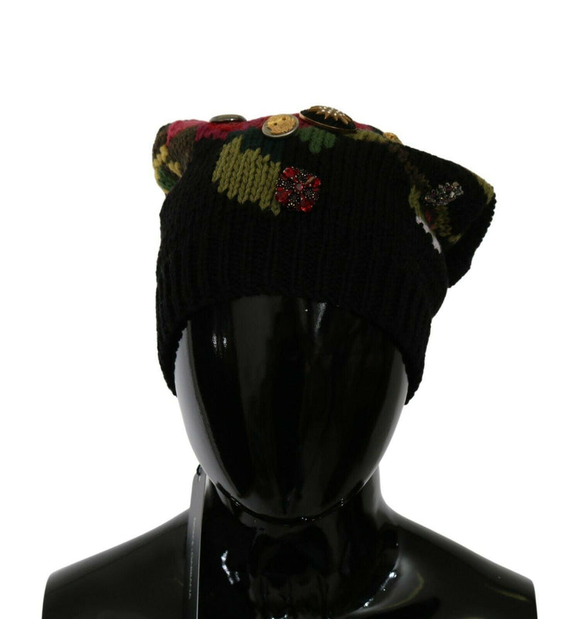 Dolce & Gabbana Black Knitted 100% Wool Crystal Stud Hat - Ellie Belle