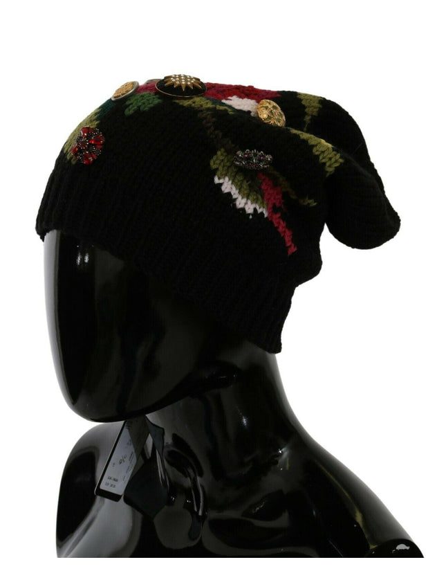 Dolce & Gabbana Black Knitted 100% Wool Crystal Stud Hat - Ellie Belle
