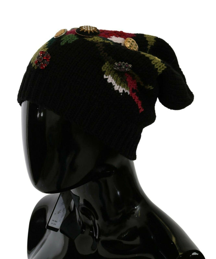 Dolce & Gabbana Black Knitted 100% Wool Crystal Stud Hat - Ellie Belle