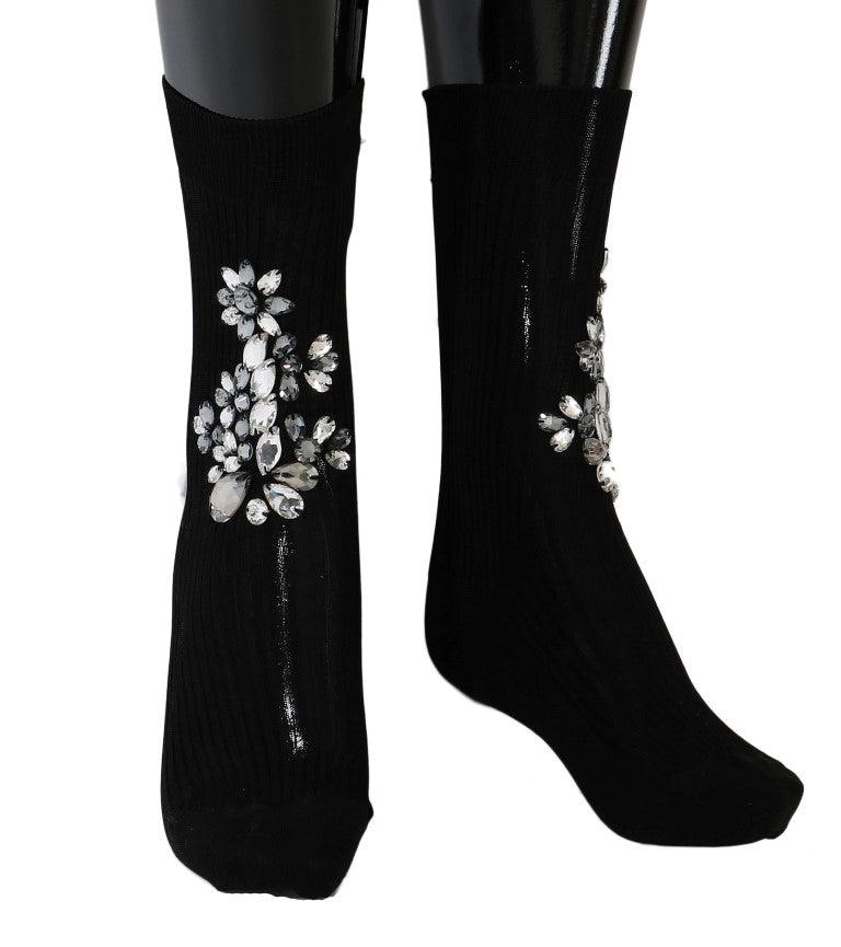 Dolce & Gabbana Black Knitted Floral Clear Crystal Socks