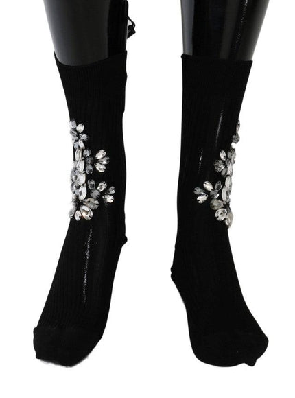 Dolce & Gabbana Black Knitted Floral Clear Crystal Socks - Ellie Belle