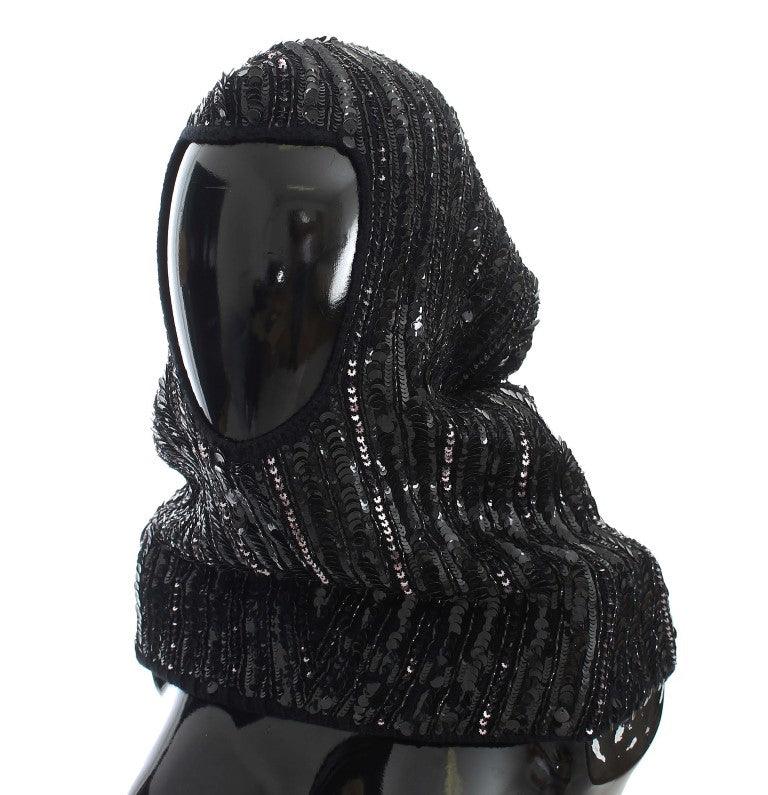 Dolce & Gabbana Black Knitted Sequin Hood Scarf Hat - Ellie Belle