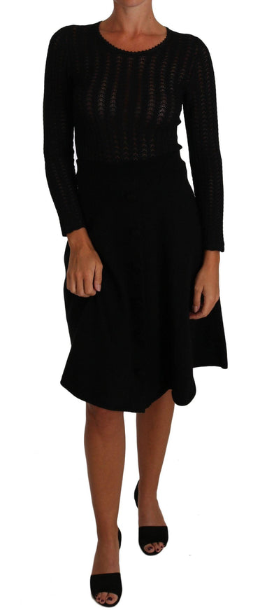 Dolce & Gabbana Black Knitted Wool Sheath Long Sleeves Dress