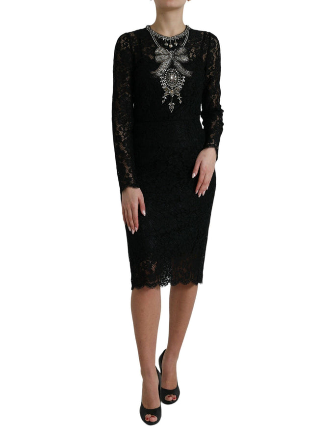 Dolce & Gabbana Black Lace Crystal Embellished Sheath Dress - Ellie Belle