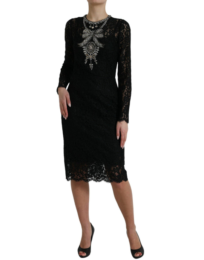 Dolce & Gabbana Black Lace Crystal Embellished Sheath Dress - Ellie Belle