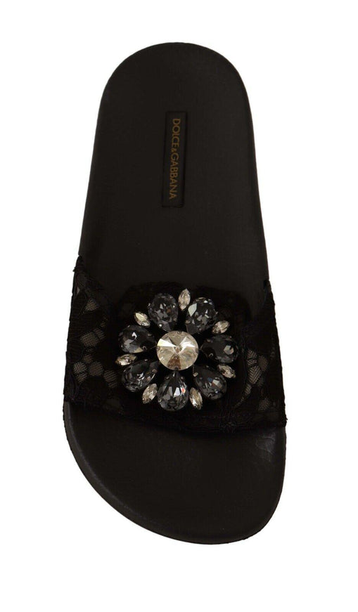 Dolce & Gabbana Black Lace Crystal Sandals Slides Beach Shoes - Ellie Belle