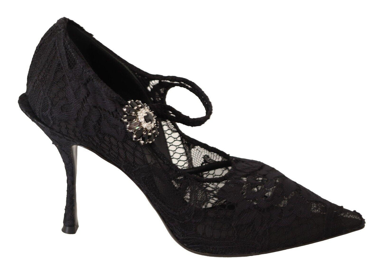 Dolce & Gabbana Black Lace Crystals Heels Mary Jane Pumps Shoes - Ellie Belle