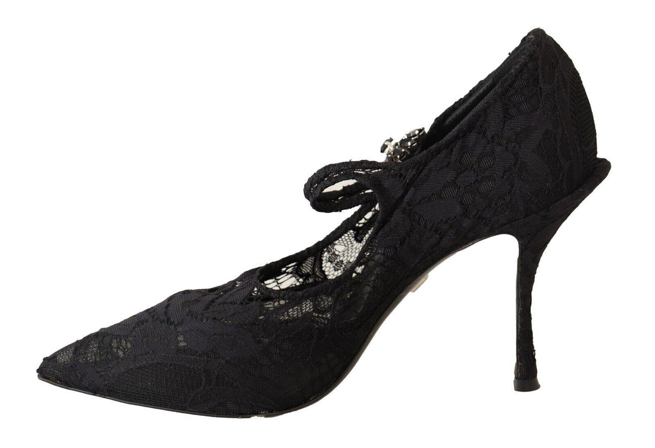 Dolce & Gabbana Black Lace Crystals Heels Mary Jane Pumps Shoes - Ellie Belle