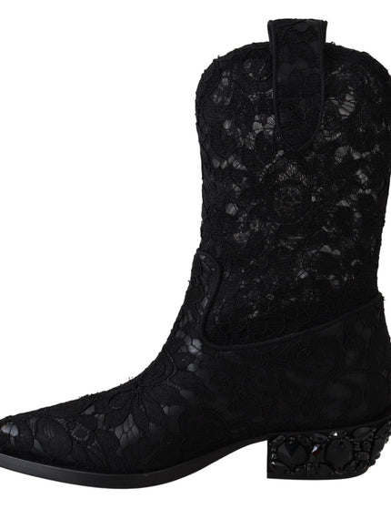Dolce & Gabbana Black Lace Taormina Ankle Cowboy Crystal Shoes - Ellie Belle