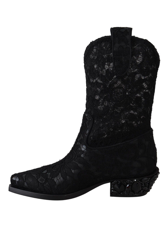 Dolce & Gabbana Black Lace Taormina Ankle Cowboy Crystal Shoes - Ellie Belle