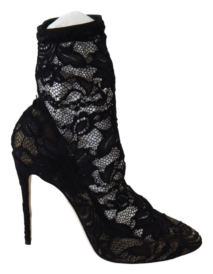 Dolce & Gabbana Black Lace Taormina High Heel Boots Shoes - Ellie Belle