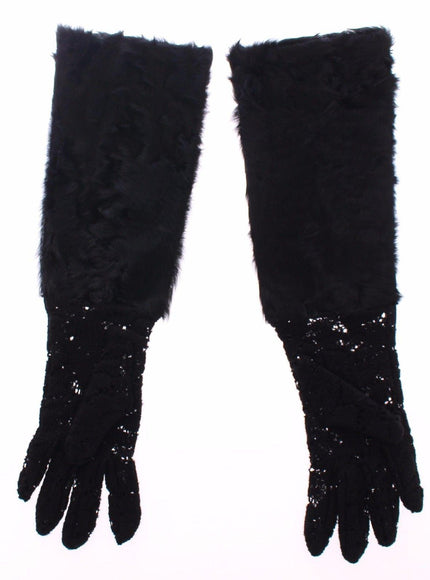 Dolce & Gabbana Black Lace Wool Lambskin Fur Elbow Gloves - Ellie Belle