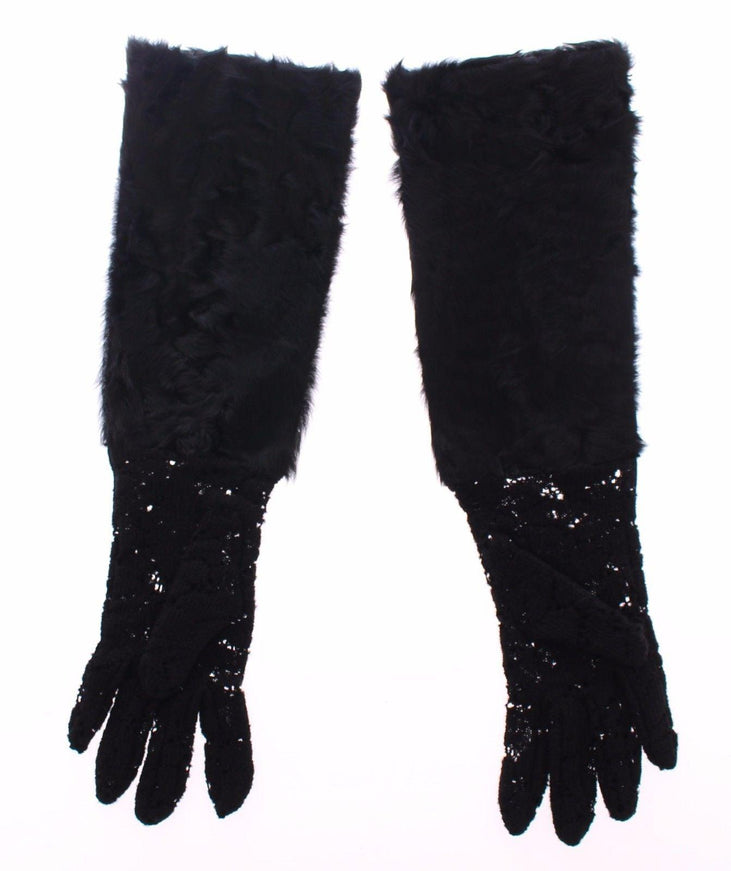 Dolce & Gabbana Black Lace Wool Lambskin Fur Elbow Gloves - Ellie Belle