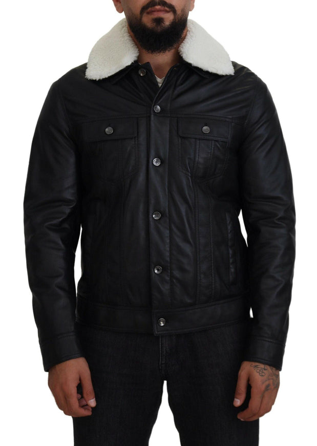 Dolce & Gabbana Black Lamb Leather Collared Men Coat Jacket - Ellie Belle