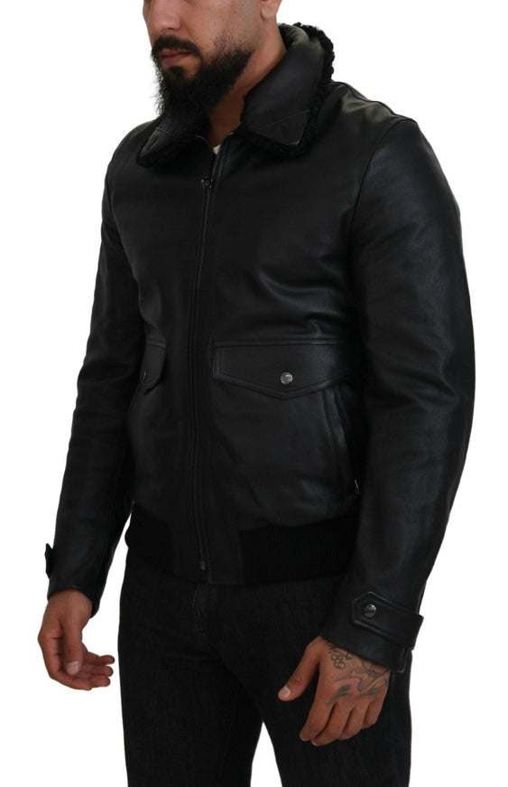 Dolce & Gabbana Black Lamb Leather Collared Men Coat Jacket - Ellie Belle