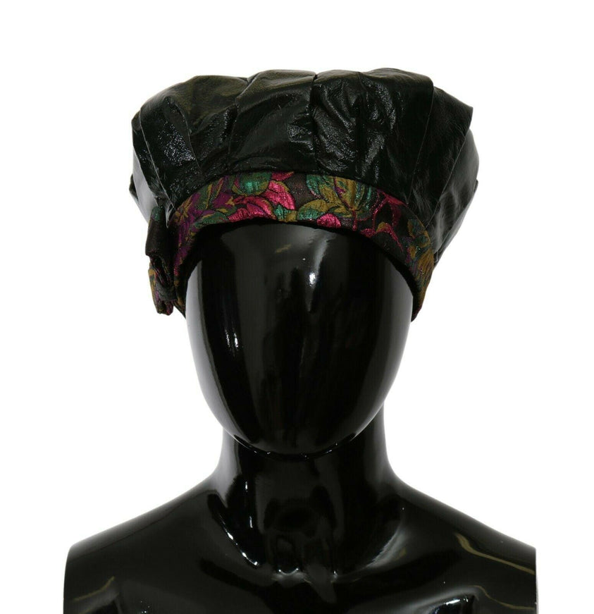 Dolce & Gabbana Black Lamb Leather Floral Print Beret Hat - Ellie Belle