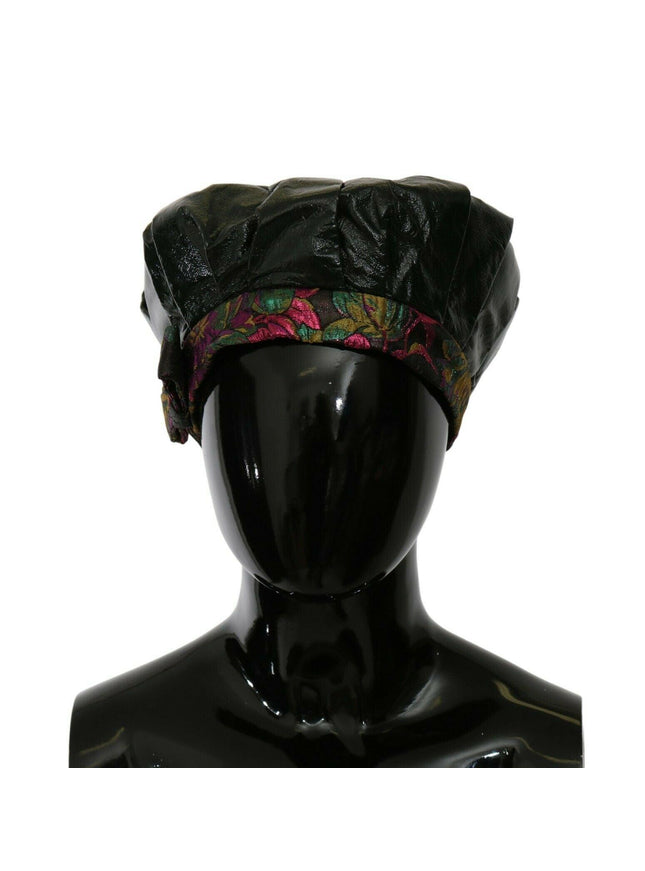 Dolce & Gabbana Black Lamb Leather Floral Print Beret Hat - Ellie Belle