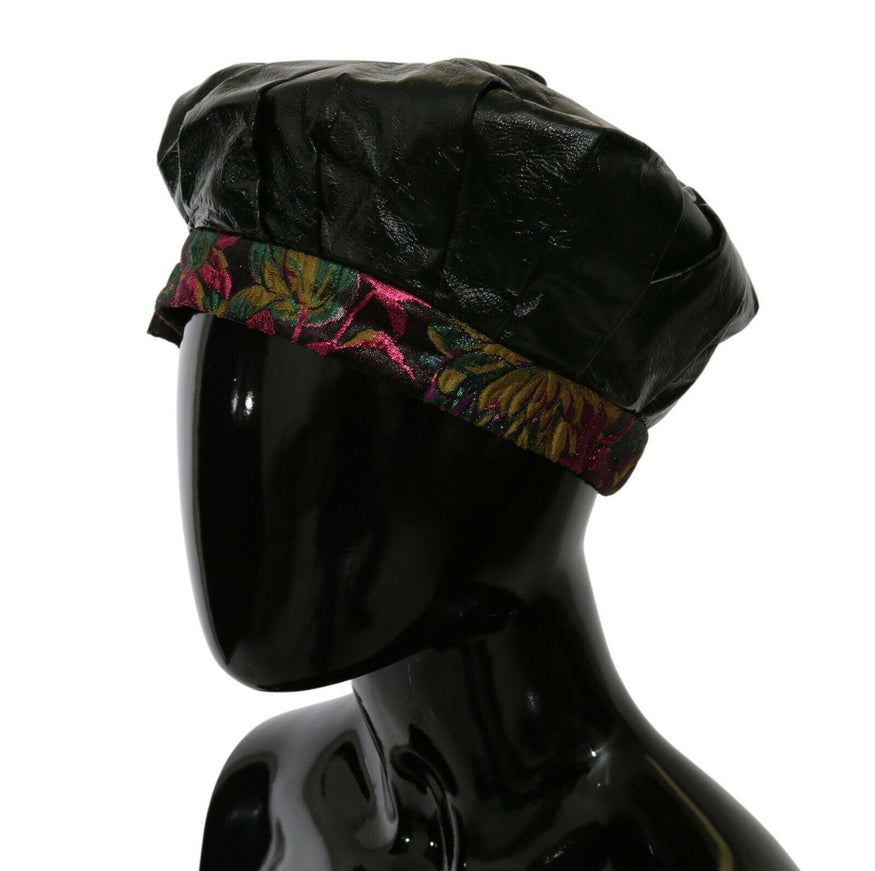 Dolce & Gabbana Black Lamb Leather Floral Print Beret Hat - Ellie Belle