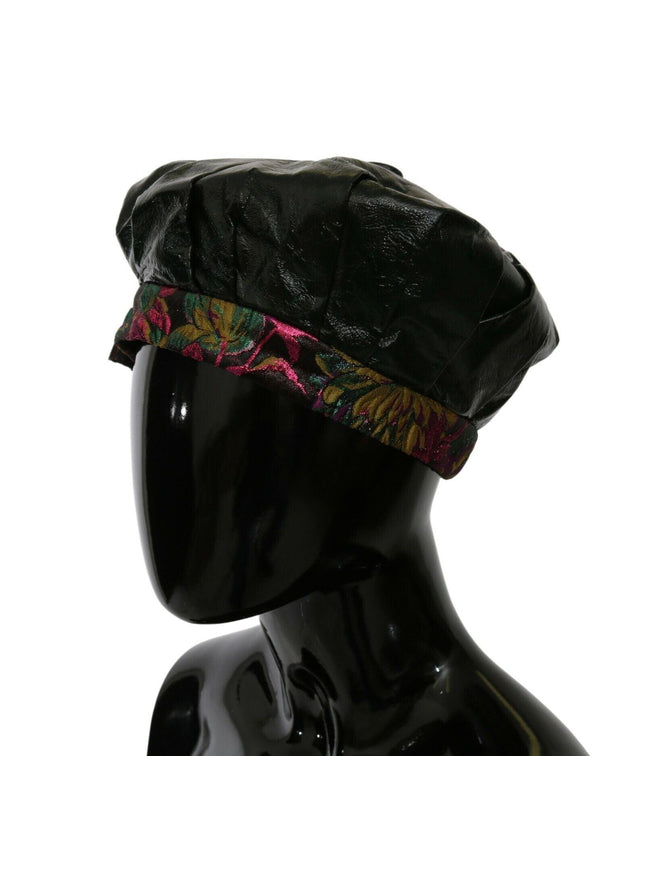 Dolce & Gabbana Black Lamb Leather Floral Print Beret Hat - Ellie Belle