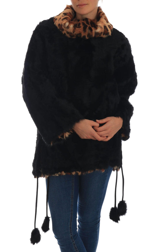 Dolce & Gabbana Black Lamb Leopard Print Fur Coat Jacket