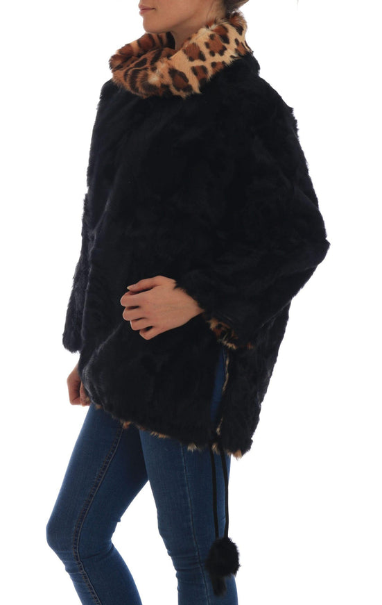 Dolce & Gabbana Black Lamb Leopard Print Fur Coat Jacket