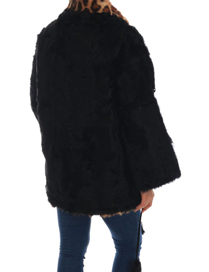 Dolce & Gabbana Black Lamb Leopard Print Fur Coat Jacket