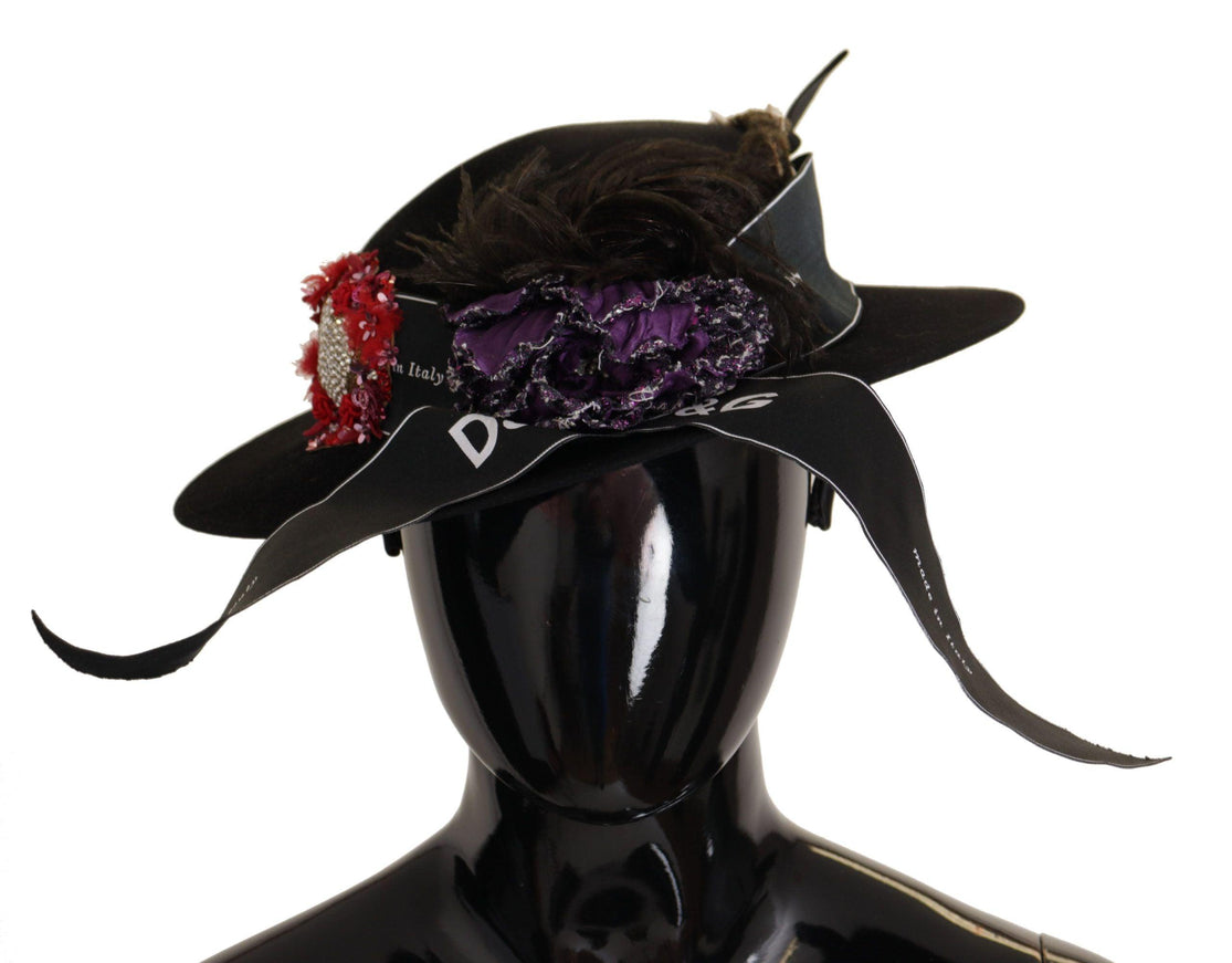 Dolce & Gabbana Black Lapil Crystal Heart Feather Brooch Fedora Hat - Ellie Belle