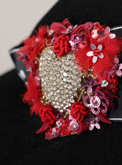 Dolce & Gabbana Black Lapil Crystal Heart Feather Brooch Fedora Hat - Ellie Belle