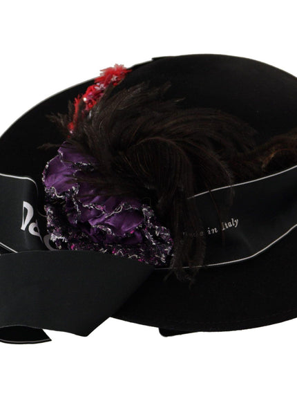 Dolce & Gabbana Black Lapil Crystal Heart Feather Brooch Fedora Hat - Ellie Belle