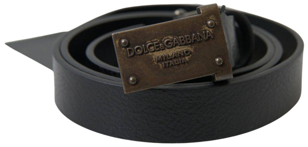 Dolce & Gabbana Black Leather Antique Logo Buckle Belt - Ellie Belle