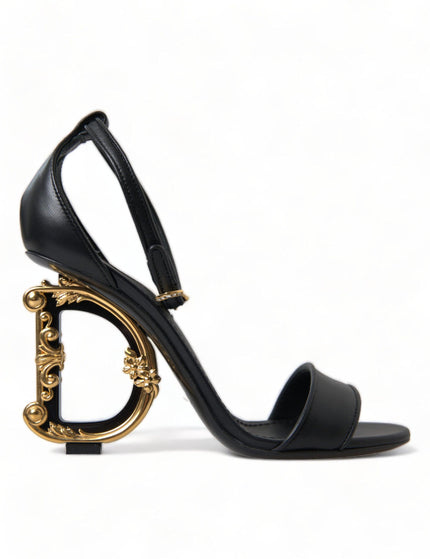 Dolce & Gabbana Black Leather Baroque DG Heel Sandals Shoes - Ellie Belle