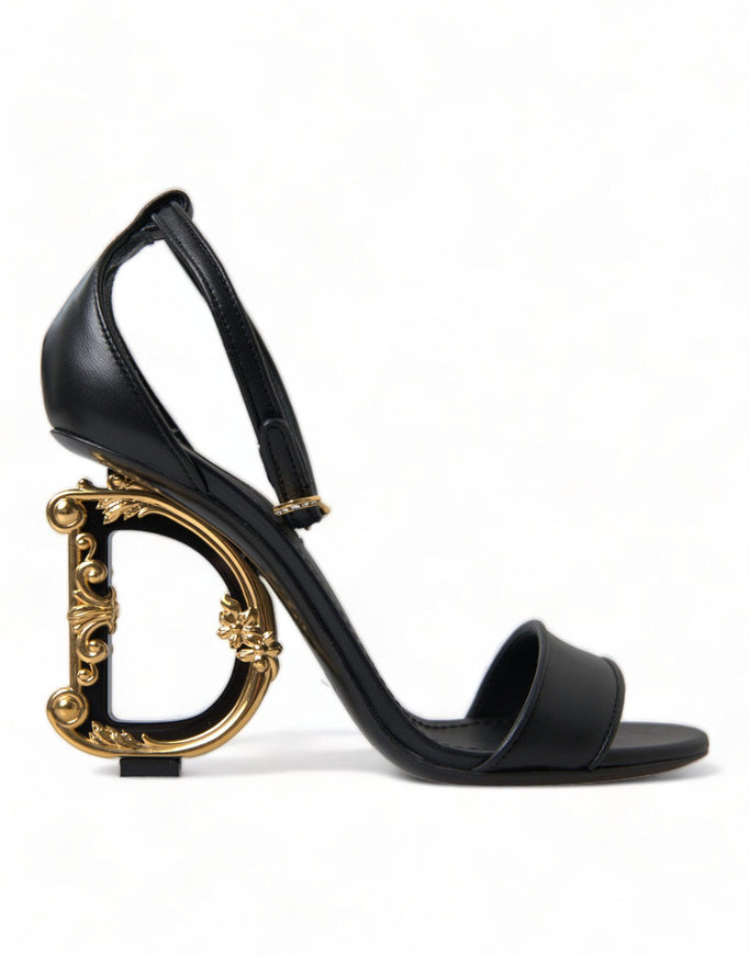 Dolce & Gabbana Black Leather Baroque DG Heel Sandals Shoes - Ellie Belle