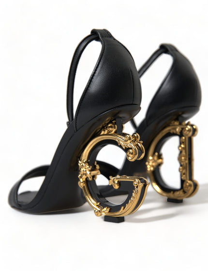 Dolce & Gabbana Black Leather Baroque DG Heel Sandals Shoes - Ellie Belle