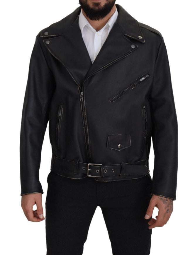 Dolce & Gabbana Black Leather Biker Coat Zipper Jacket - Ellie Belle